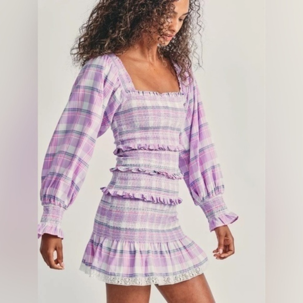 SUNDAYUP smocked fitted flared long sleeve purple mini dress